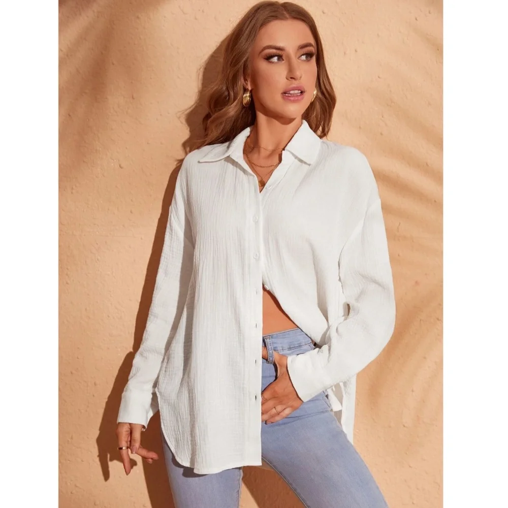 Cotton White Casual Shirt  Button Down Up Long Sleeve - Picture 2 of 9